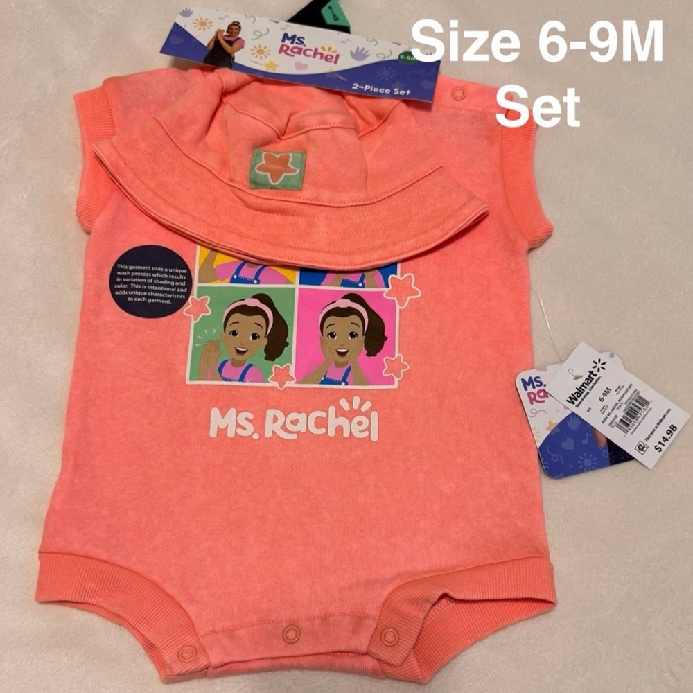 Ms. Rachel Baby Girls Graphic Romper and Bucket Hat Set, 2-Piece